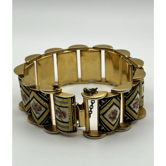 Vintage Damascene Link Bracelet Floral Pink Roses Black & Gold Tone Panels Chain - Picture 3 of 10